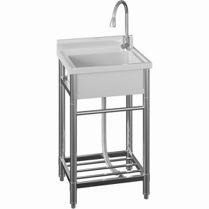 Stainless Steel Freestanding Utility Sink with Hot/Cold Pull-Out Faucet, Single-Bowl Prep Sink for Kitchen, Bar, Garage, Backyard, Laundry - 1 of 4