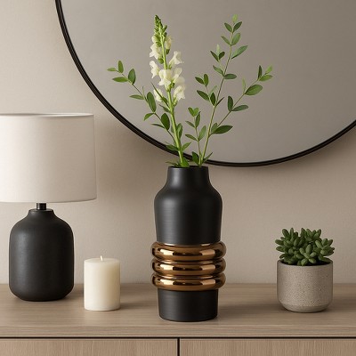 Decorative Two Tone Vase with Ring Detail - Stylish Flower Vase for Bedroom, Office Styling, and House Decor - Sculptural Home Decor