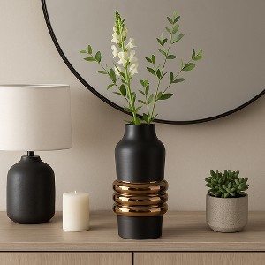 Decorative Two Tone Vase with Ring Detail - Stylish Flower Vase for Bedroom, Office Styling, and House Decor - Sculptural Home Decor - 1 of 4