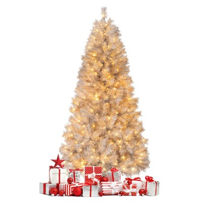 Tangkula 5/6/7 FT Artificial Christmas Tree Pre-lit Xmas Tree with  Branch Tips LED Lights Silver Tinsel Leaves