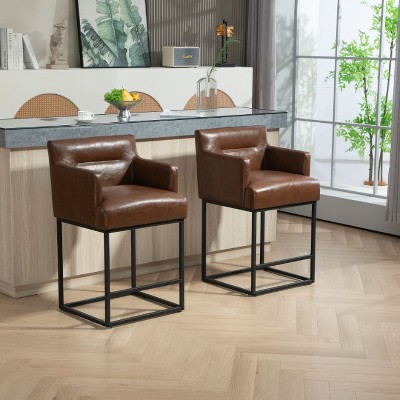 CAVINAS Counter Height Bar Stools Set of 2, Upholstered Square Bar Stools with Back, Black Metal Frames