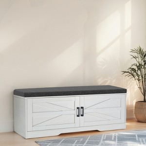 KTMBDW 2-Tier Storage Bench, 39.4" Wide Shoe Bench with Padded Seat Cushion, Entryway Bench with 2 Barn Doors and Adjustable Shelf, White - 1 of 4