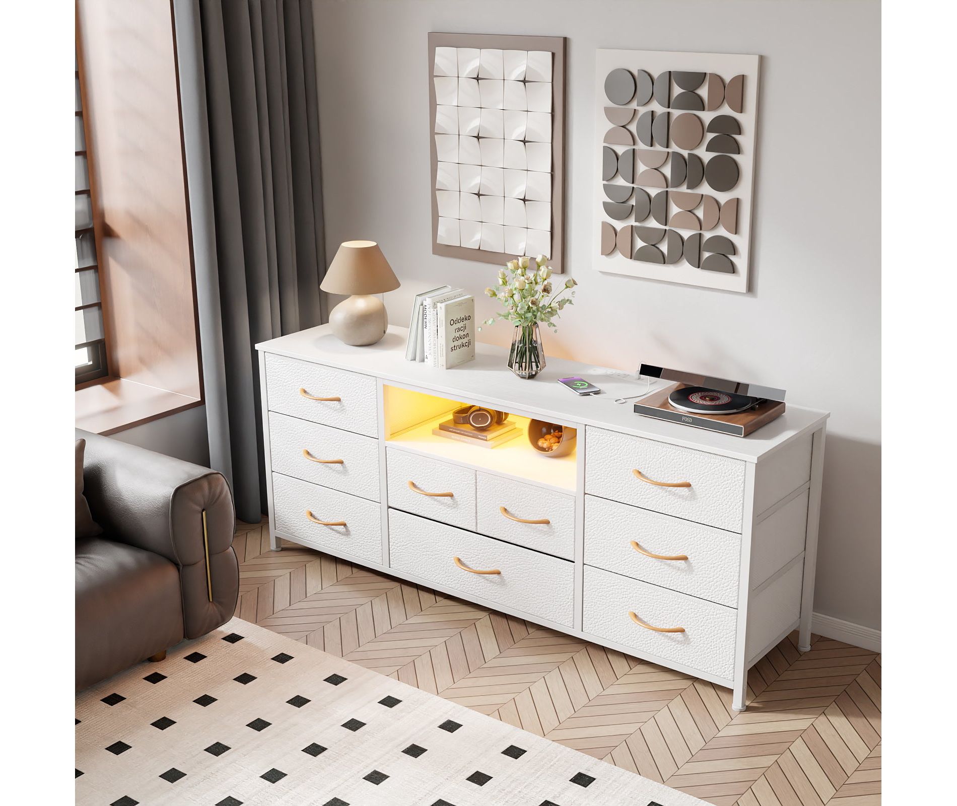 Qwatto White 9 Drawer Dresser TV Stand for 65 In TV with Charging Station LED Lights Media Console 55'' Wide Bedroom Storage Chest Entertainment Unit