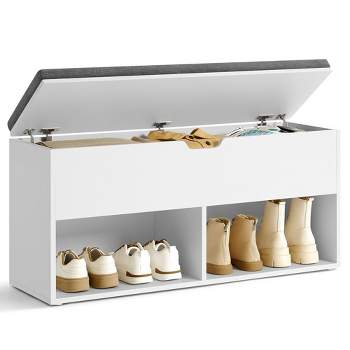 VASAGLE Shoe Bench with Cushion - Storage Bench with 2 Open and 1 Hidden Compartments - White and Gray