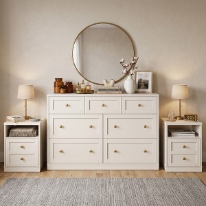 cream dresser and nightstand set Heynemo 3-Piece Bedroom Set, 7-Drawer 2 Nightstands, Mid-Century Modern with Gold Knobs, Beige : Target Color:Electric Blue 2025-JUN Champagne Gold Dress Fabulous Modern bedroom Integrated block