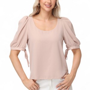 Anna-Kaci Women's Short Puff Sleeve Blouse with Scoop Neckline and Tie Cuff Detail for a Feminine Everyday Look - 1 of 4