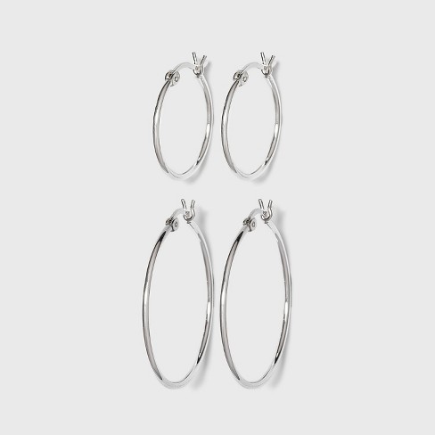 Sterling Silver Duo Click In Hoop Earring Set - Silver