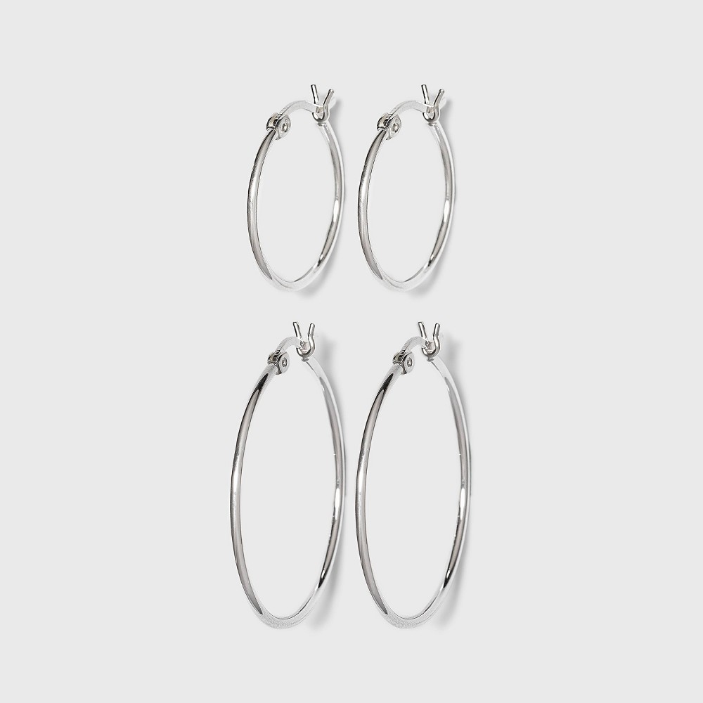 Photos - Earrings Women's Sterling Silver Click Hoop  Set of 2 - Silver