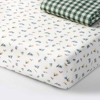Fitted Jersey Crib Sheet -Floral Gingham Green - 2pk - Cloud Island™