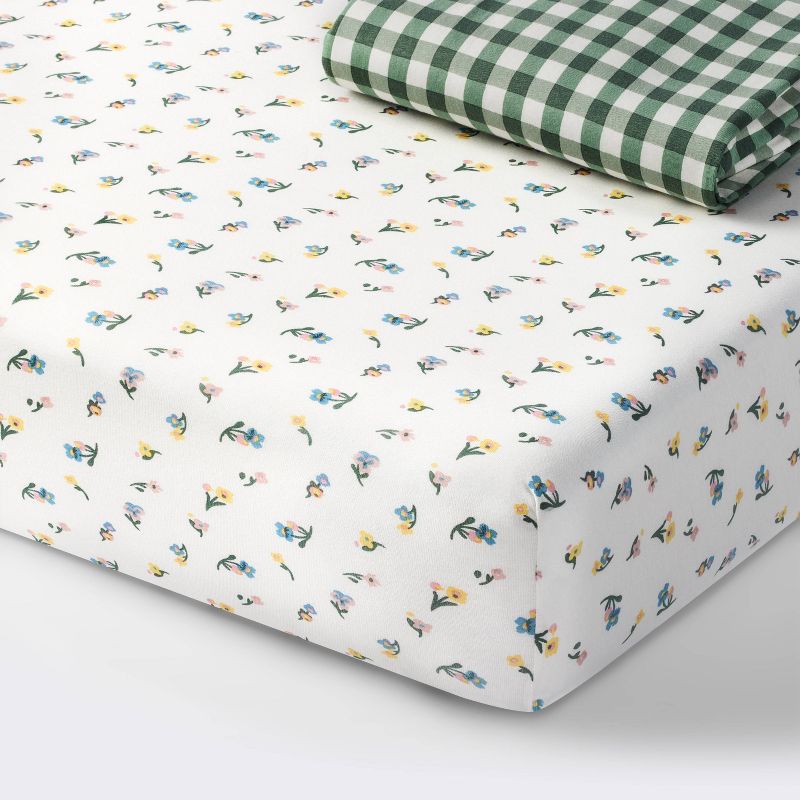Fitted Jersey Crib Sheet -Floral Gingham Green - 2pk - Cloud Island&#8482;, 1 of 6