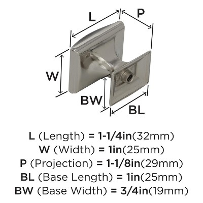 Polished Nickel Square Cabinet Knob with Mounting Hardware