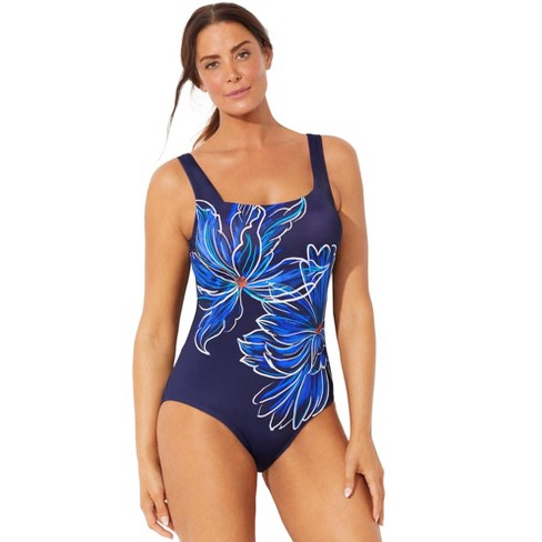 Swimsuits for All Women’s Plus Size Chlorine Resistant Square Neck One  Piece Swimsuit, 10 - Wispy Bouquet