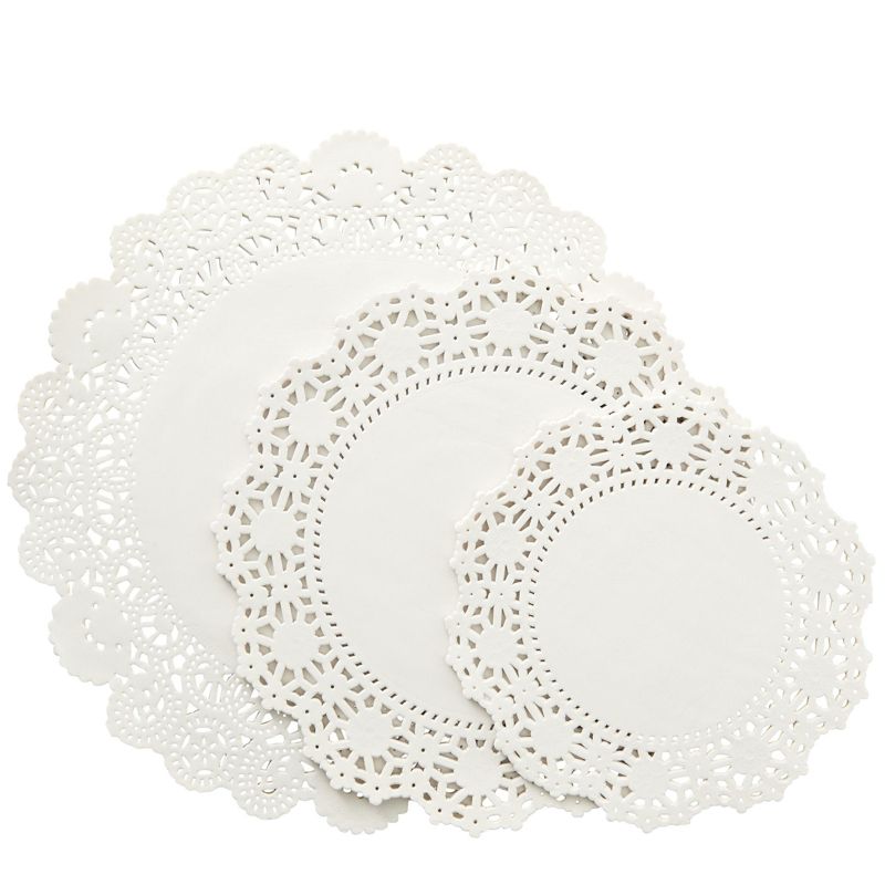 Juvale 150-Pack Round Paper Placemats for Tableware Decoration, Party, Wedding, White Lace Paper Doilies, Disposable Charger Plates, 6.5, 8.5, 10.5 In, 1 of 11