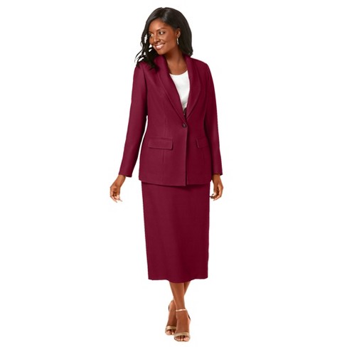 Jessica London Women's Plus Size Two Piece Single Breasted Jacket Skirt  Suit Set - 22, Rich Burgundy Red