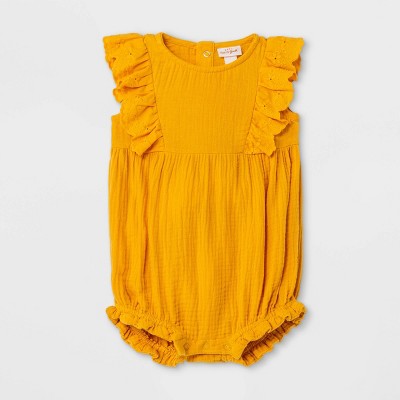 Image of Baby Girls' Bubble Gauze Short Sleeve Romper - Cat & Jack™ Yellow 3-6M