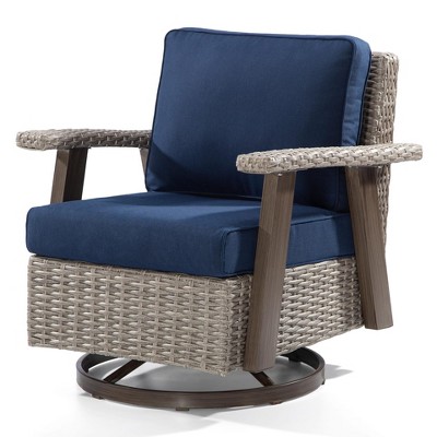 COWLOWN Dark blue Ergonomic Outdoor Wicker Chair, 360 Swivel Rocking Patio Dining Chair with Weather-Resistant Cushion for Porch, Terrace, or Backyard
