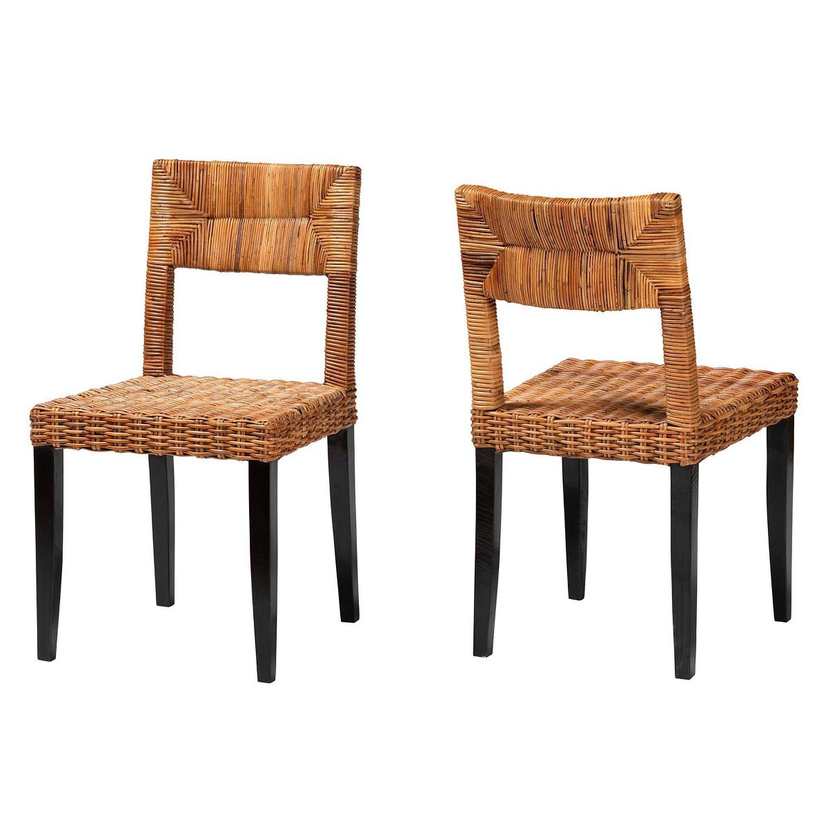 bali & pari Manrico Wood and Natural Rattan Dining Chair Dark Brown/Natural Brown: Bohemian Style, Geometric Weave, No Assembly Required - thumbnail 2