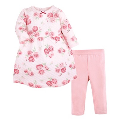 Image of Hudson Baby Infant Girl Quilted Cotton Dress and Leggings, Blush Rose, 6-9 Months