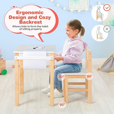 White and Natural Wooden Kids Art Table and Chair Set with Paper Roll
