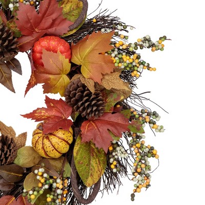 24" Autumn Harvest Wreath with Sunflowers, Pumpkins, and Pine Cones