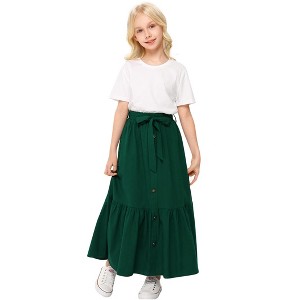 Girl's Button Midi Skirts Casual High Elastic Waist A Line Pleated Midi Chiffon Pink Skirts with Pockets - 1 of 4