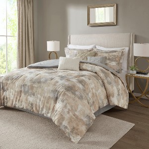 Lyngins 7-Piece Textured Cotton Blend Comforter Set, Luxury Modern Bedding Set with Comforter, Shams, Bed Skirt & Decorative Pillows - 1 of 4