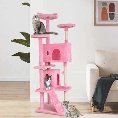 70in Pink Faux-Fur Multi-Level Cat Tree Tower with Sisal Scratching Posts