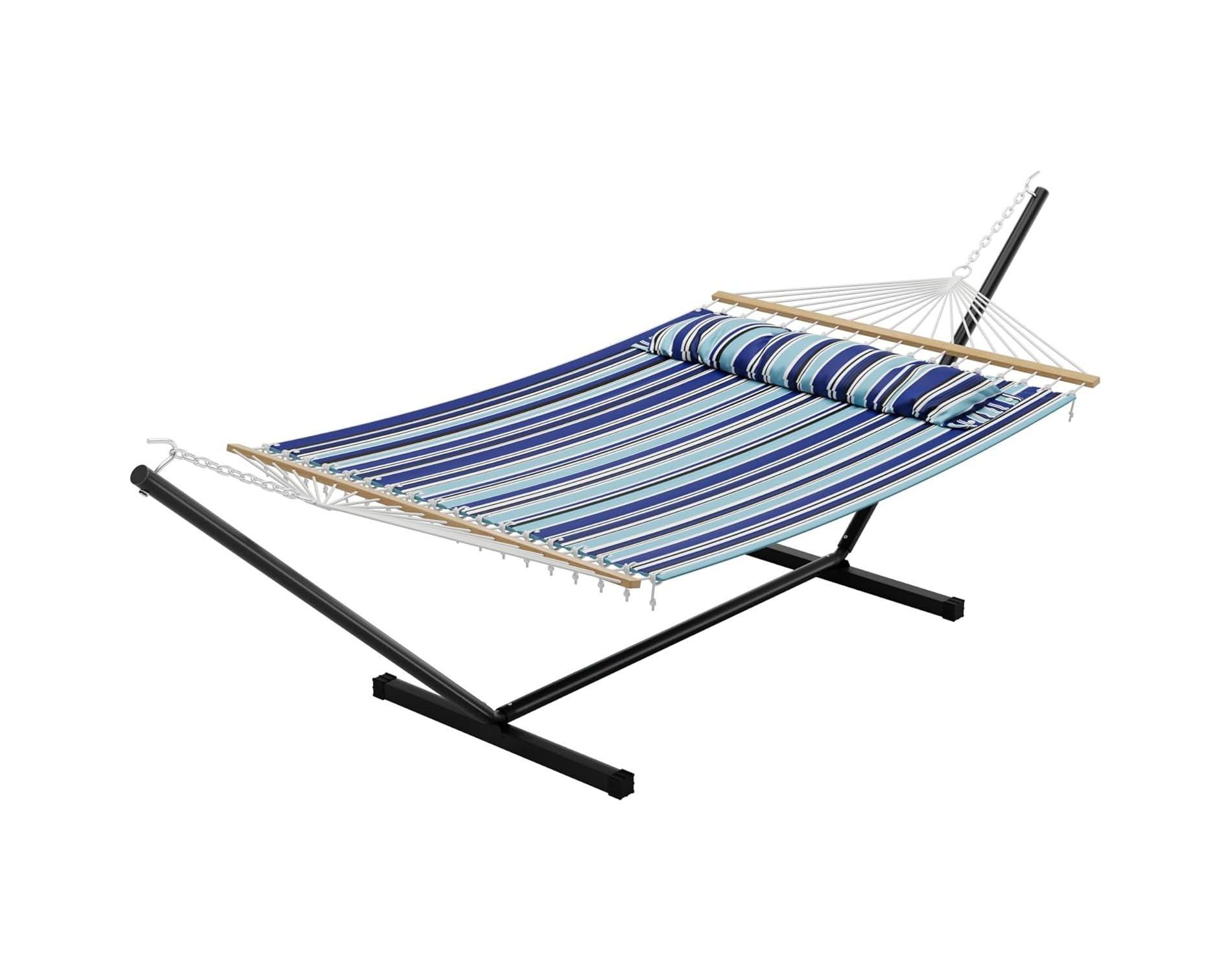 Nasitip Double Hammock with Stand for 2 Person,Heavy Duty Steel Frame,Quilted Pillow & Portable Carry Bag,Blue