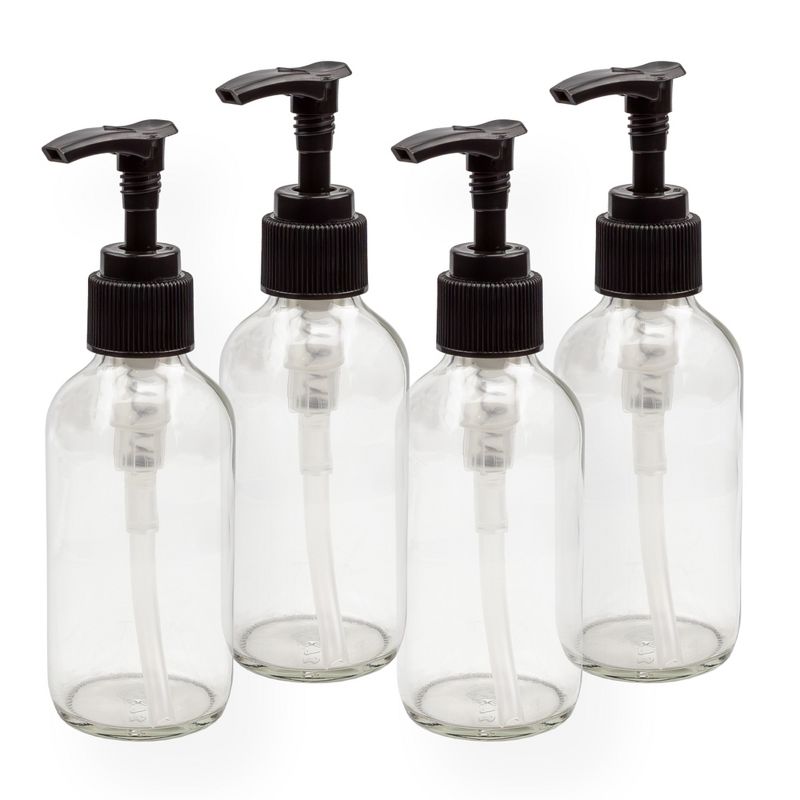 Cornucopia Brands 4oz Clear Glass Pump Bottles 4pk; Refillable Glass Containers w/Black Plastic Soap/Lotion Pump Dispensers, 1 of 9