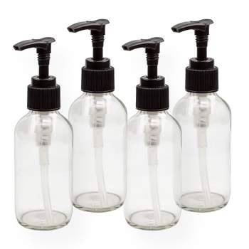 Cornucopia Brands 4oz Clear Glass Pump Bottles 4pk; Refillable Glass Containers w/Black Plastic Soap/Lotion Pump Dispensers