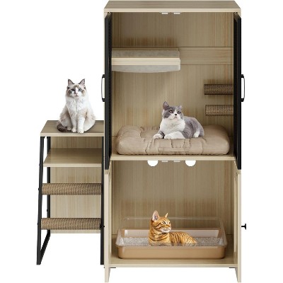 Dual Cat Litter Box Enclosure with Doors, Double Enclosed Structure Featuring Storage Compartment, Hidden Litter Furniture with Step