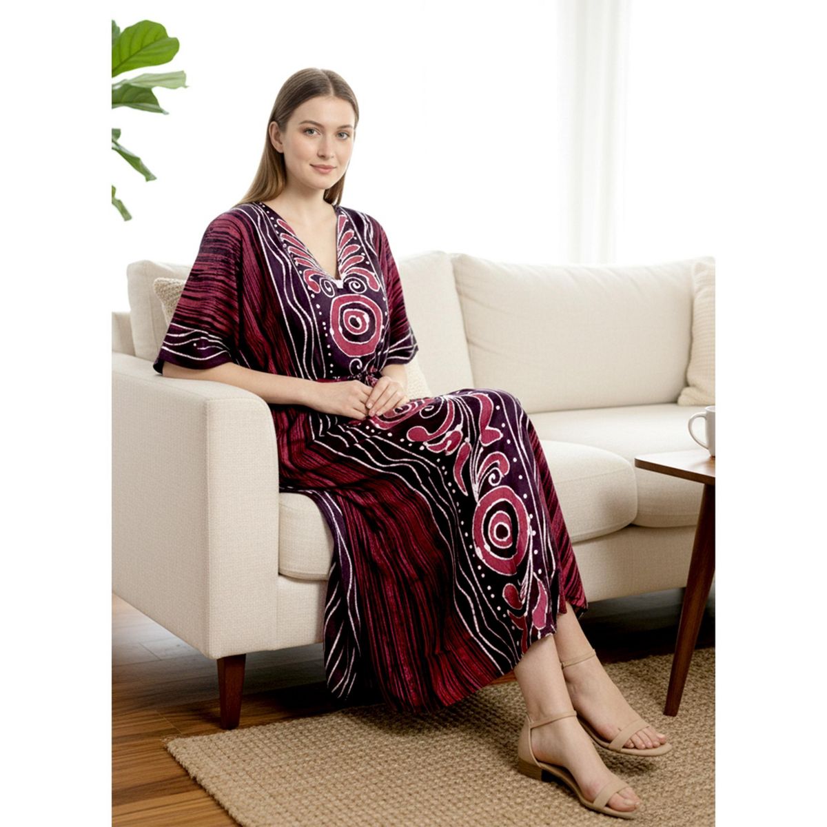 LA LEELA Summer Cotton Resortwear Caftan for Women Vacation Cruise Holiday Loungewear Maternity Friendly Beach Maxi Dress 1X-2X Red Paisley - thumbnail 4
