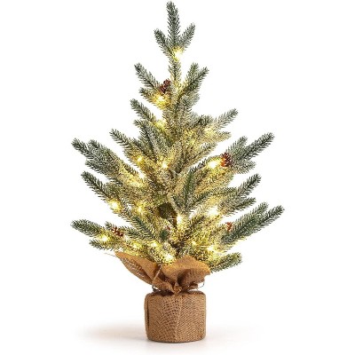 2ft Pre-Lit Tabletop Christmas Tree with 50 LED Lights - 24 Inch Artificial Mini Xmas Tree with Pine Cones for Office Desk, Home Decor