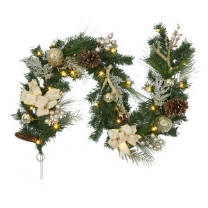 6ft Gold Christmas Garland with Lights, Lighted Xmas Garland with Bows, Flower, Berry Branches - 1 of 4