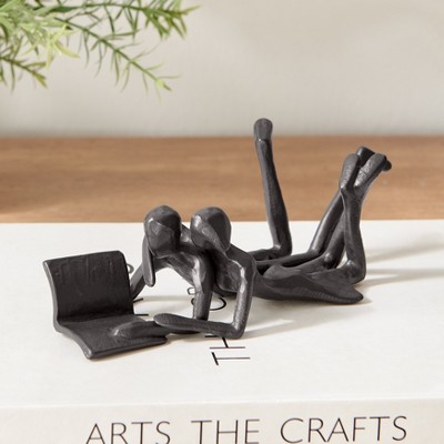 Brown Cast Iron Abstract Couple Reading Book Sculpture