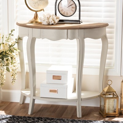 Cordelia 32" White and Natural Wood Demilune Console Table with Storage