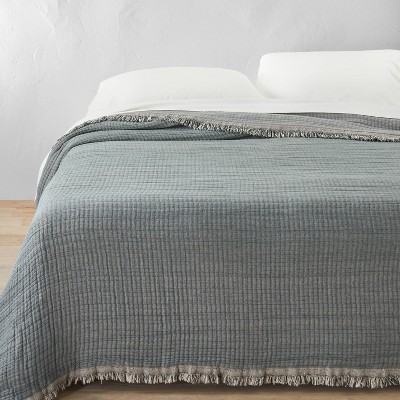 King + Reversible Textured Cotton Chambray Coverlet Dark Teal Blue ...