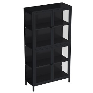 Glass Display Cabinet with Doors, 4-Tier Adjustable Shelves and Feet Modern Bookshelf Cabinet Cold-Rolled Steel Storage Cabinet Black - 1 of 4