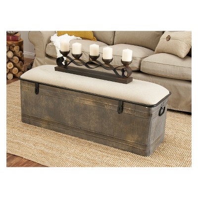 Gray Galvanized Metal Storage Bench with Beige Upholstered Seat