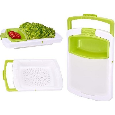Green Collapsible Plastic Cutting Board with Colander and Basket