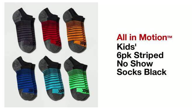 Kids' 6pk Striped No Show Socks - All In Motion™ Black, 2 of 5, play video