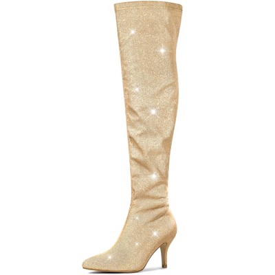 Allegra K Women's Glitter Pointed Toe Stiletto Heels Over the Knee High Boots