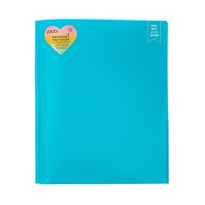 2 Pocket Plastic Folder with Prong Fasteners Aqua - Yoobi™: Stationery, 3 Hole Punched, 100 Sheet Capacity, Internal Pockets