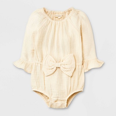 Image of Grayson Collective Baby Girls' Bow Gauze Bubble Romper - Cream 6-9M