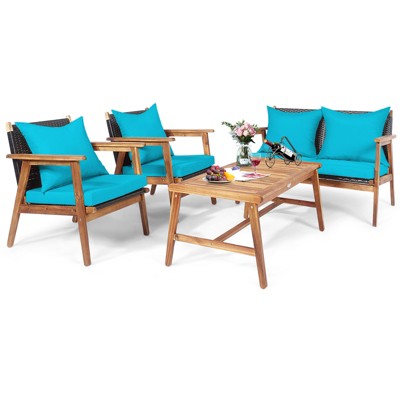 Tangkula 4PCS Patio Rattan Furniture Set Wood Frame Cushioned Sofa with Coffee Table Sectional Conversation Sofa Set for Garden