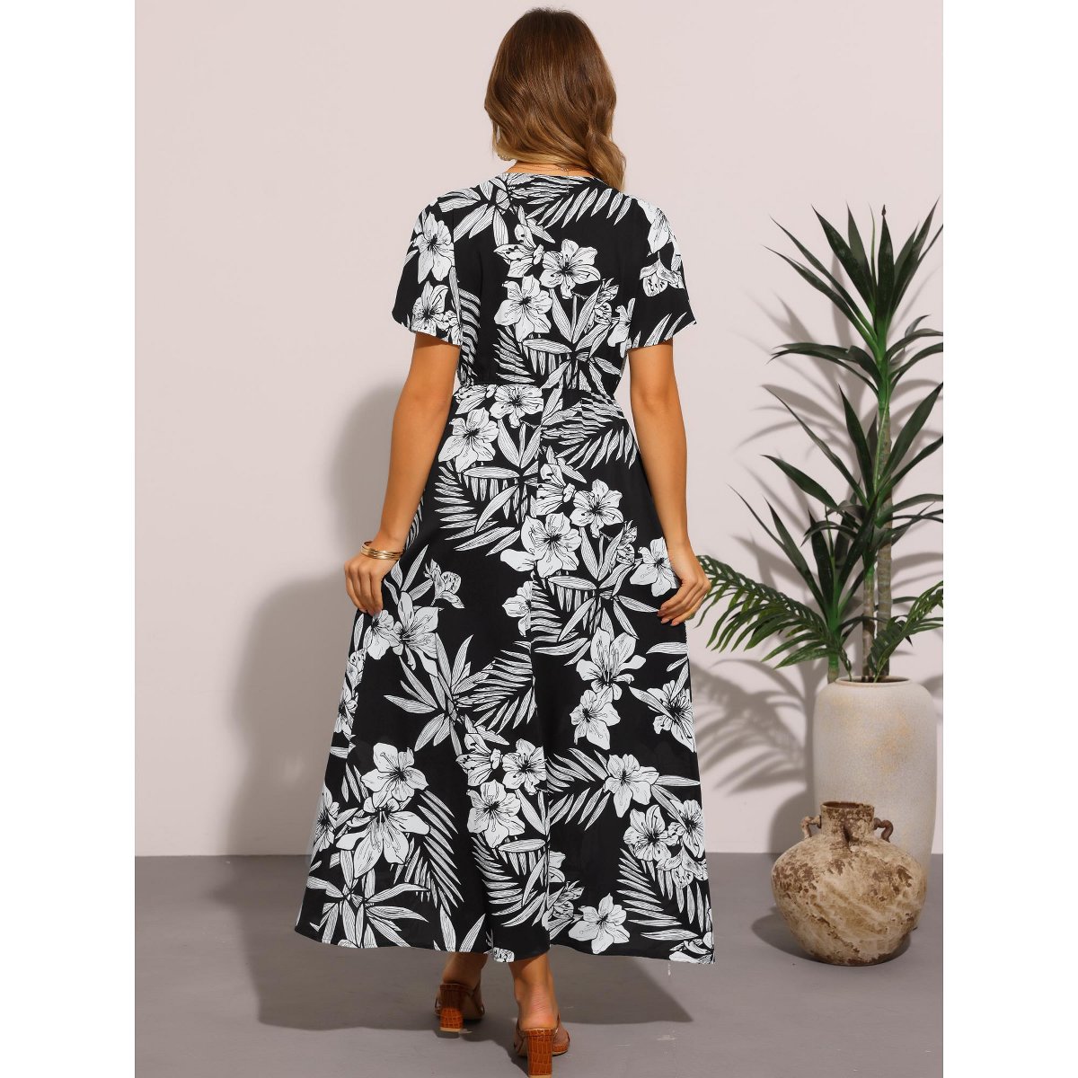 Женские платья INSPIRE CHIC Women's Short Sleeve Slit Wrap V Neck Maxi Floral Long Dresses X-Small Black — фото 3