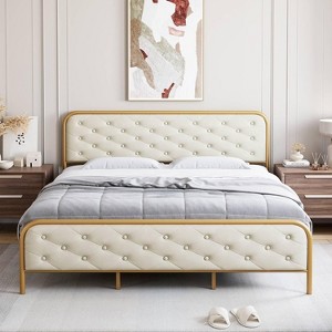 King Size Bed Frame with Premium Velvet Headboard & Footboard, Diamond Tufted Design, Heavy Duty Metal Frame, Solid Wood Slats, No Box Spring Needed - 1 of 4