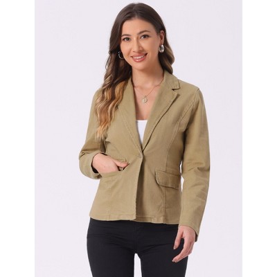 INSPIRE CHIC Women's Notched Lapel Button Up Long Sleeve Washed Denim Blazer Medium Khaki — фото 3