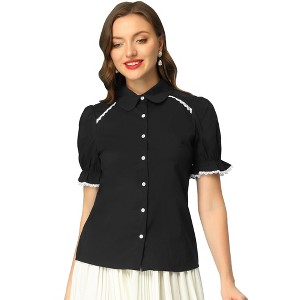 Allegra K Women's Vintage Short Sleeve Peter Pan Collar Button Down Shirt - 1 of 4