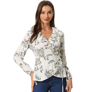 INSPIRE CHIC Women's Floral Print V Neck Tie Waist Ruffle Neck Chiffon Wrap Shirt - 1 of 4